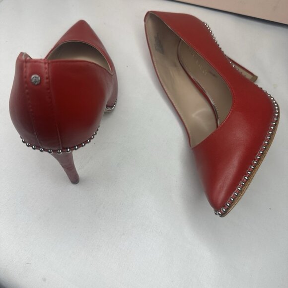 BCBG Generation Leather Stilletto Red Studded Shoes Almond toe heels Pumps - Picture 11 of 13